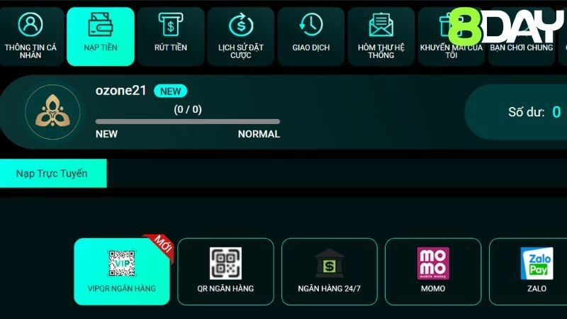 Hướng dẫn nạp tiền vào tài khoản 8day của bạn