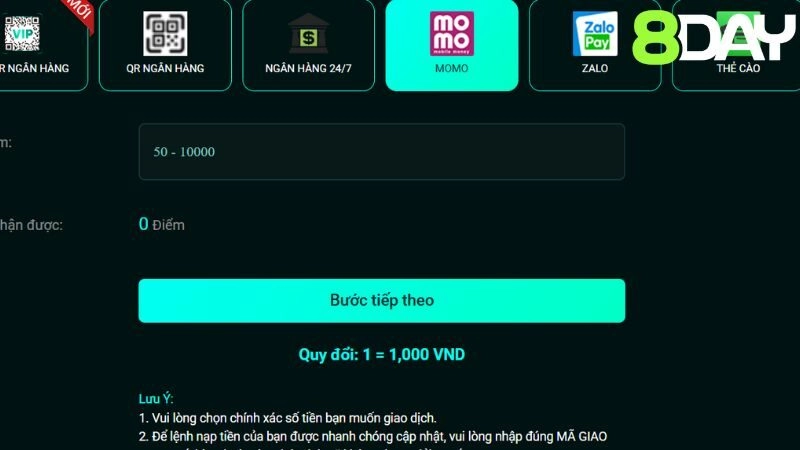 Các cách nạp tiền 8day thông dụng nhất hiện nay